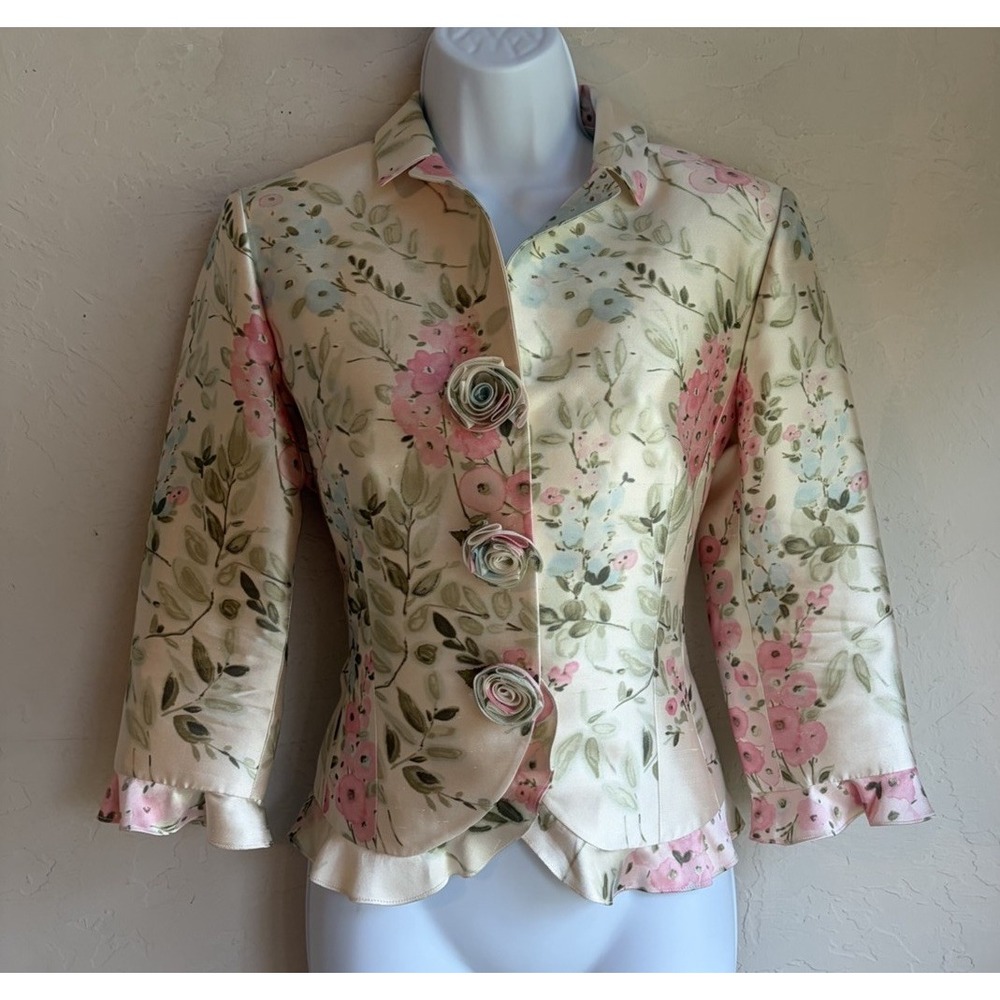 Vintage Rickie Freeman For Teri Jon 100% Silk Floral Jacket 4 Rosette Luxury